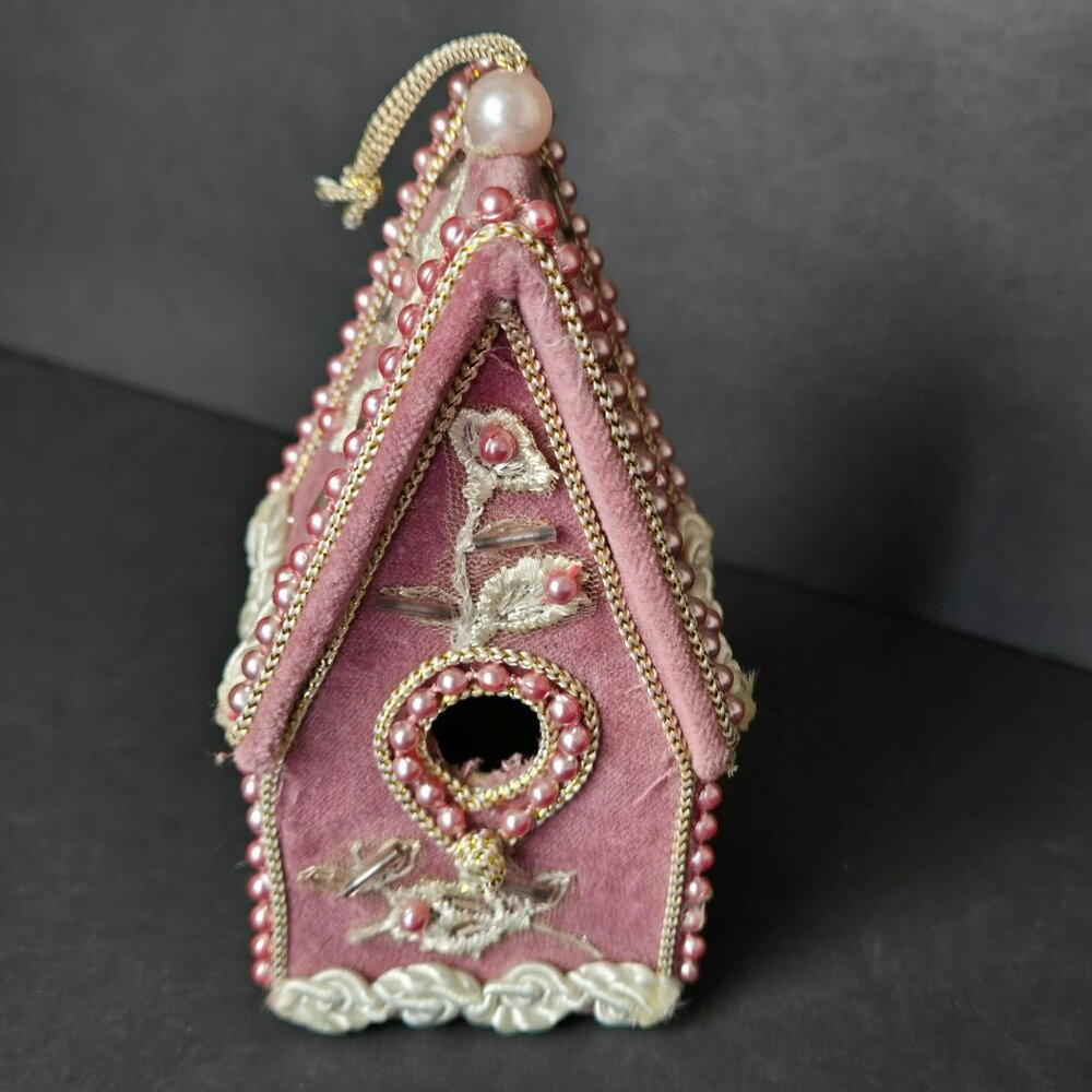 Velvet Beaded Birdhouse Ornament Pink Embroidered Christmas Decoration Elegant - Picture 5 of 9
